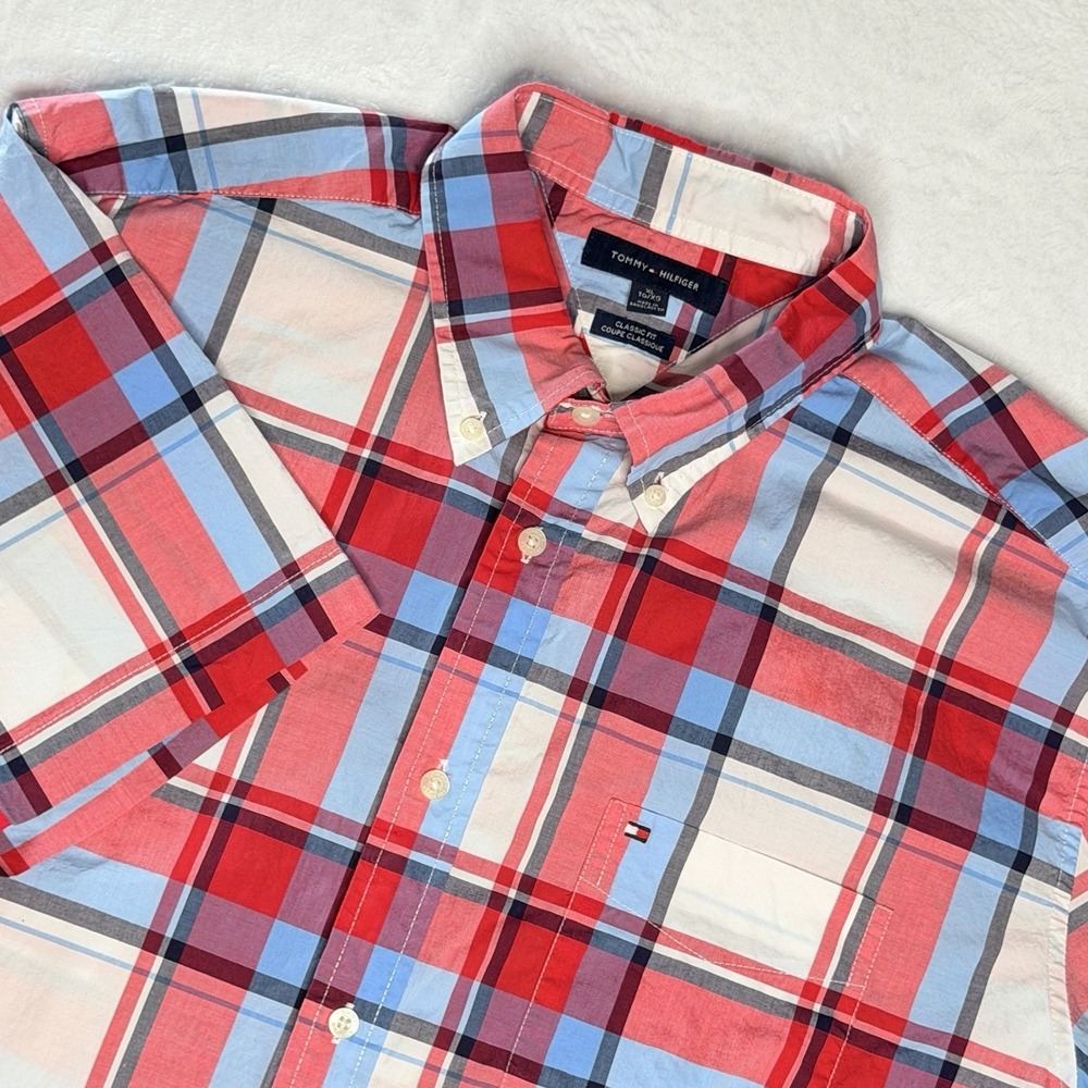 Tommy Hilfiger‎ Mens XL Plaid Short Sleeve Button Down Shirt Classic Fit Cotton